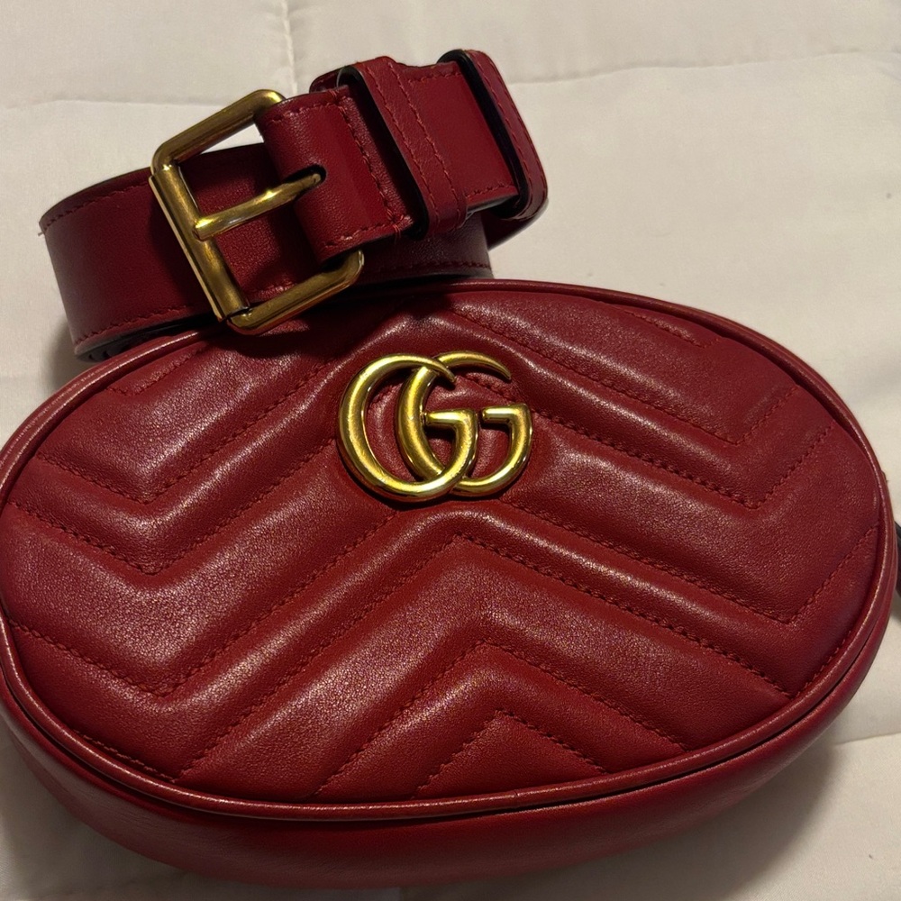 Gucci Authentic Red Leather Belt Bag  with Gold Buckle